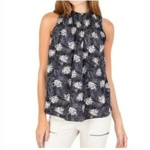 Joie Fern Smocked Yoke Top - Baltic Print Gray Sleeveless Shirt XXL Black White